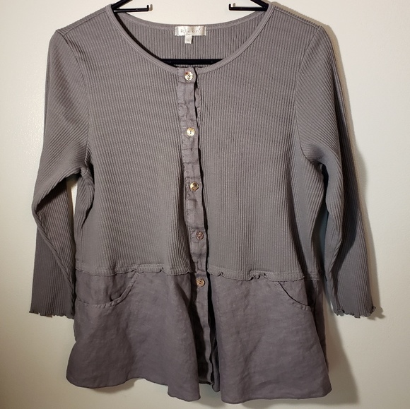 Linen & ribbed cotton button down peplum top - Picture 1 of 5